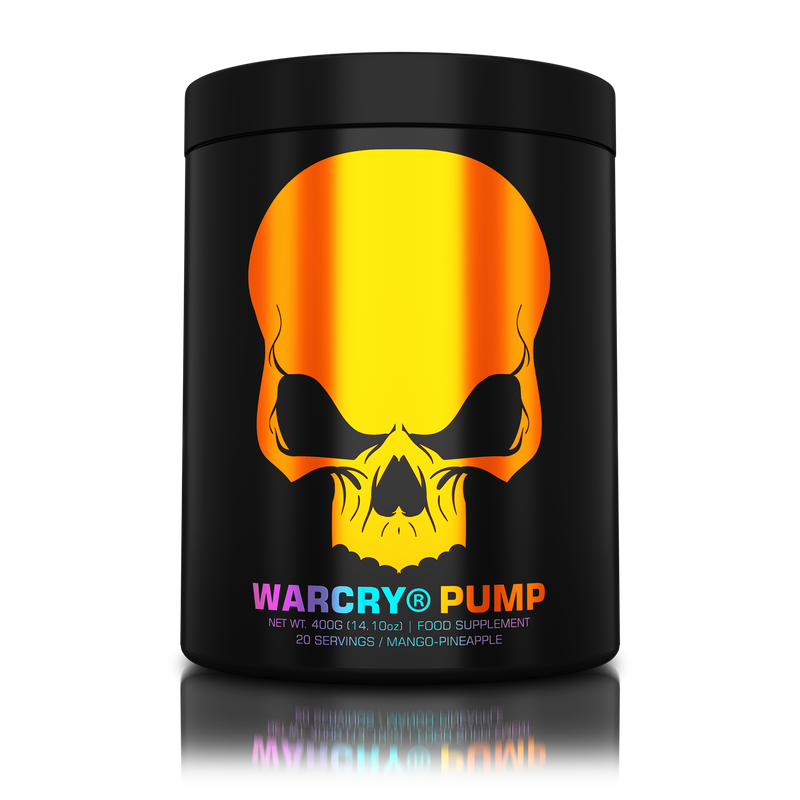 Load image into Gallery viewer, WARCRY PUMP 400g 20serv Genius Nutrition Mango Pineapple - Stim free pre-workout supplement for pump and endurance, perfect for late workouts.