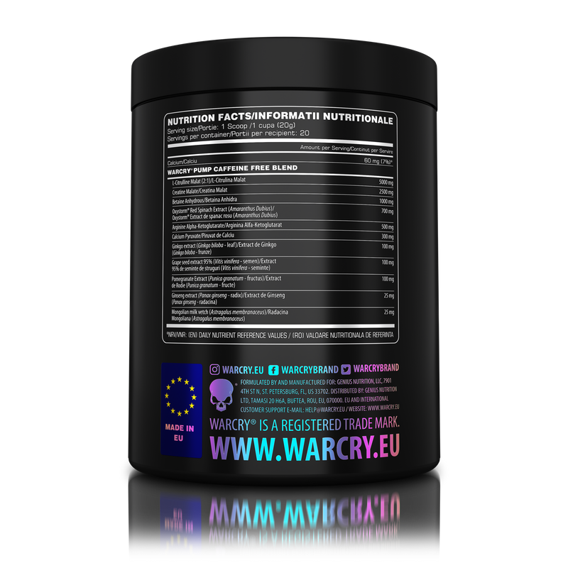Load image into Gallery viewer, WARCRY PUMP 400g 20serv Genius Nutrition Strawberry - Stim free pre-workout supplement for pump and endurance, perfect for late workouts.