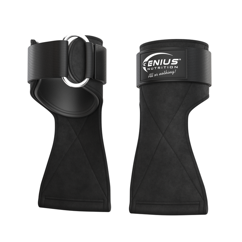 Load image into Gallery viewer, WEIGHTLIFTING GRIP GG-1 Genius Nutrition Black - Enhanced palm protection, improved grip, and wrist support, all in a user-friendly design.