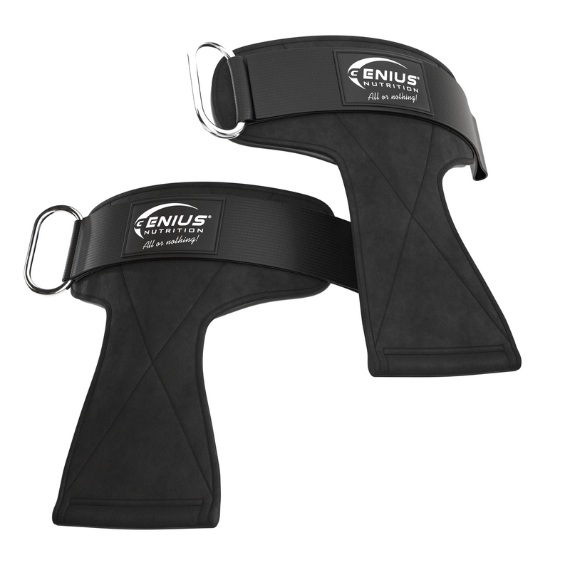 Load image into Gallery viewer, WEIGHTLIFTING GRIP GG-1 Genius Nutrition Black - Enhanced palm protection, improved grip, and wrist support, all in a user-friendly design.
