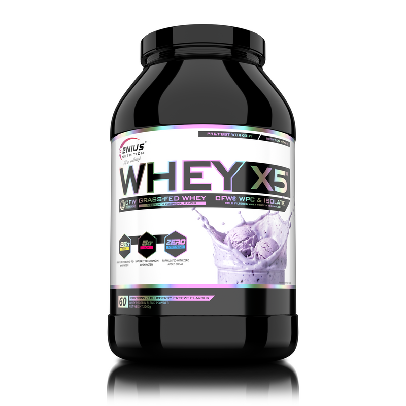 Load image into Gallery viewer, WHEY-X5® 2000g/60serv Genius Nutrition Blueberry Freeze -Protein blend of whey concentrate and isolate, ideal for lean muscle growth and recovery, enriched with digestive enzymes for enhanced absorption.