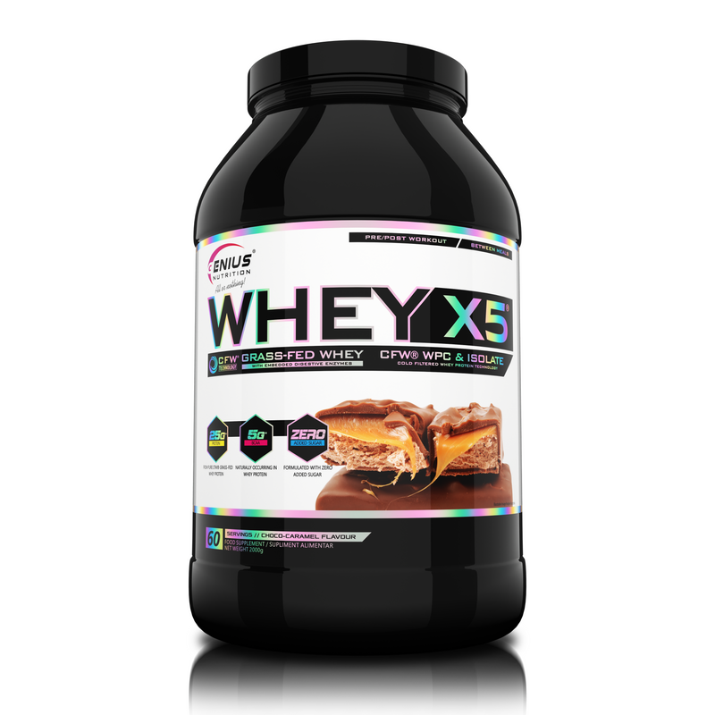 Load image into Gallery viewer, WHEY-X5® 2000g/60serv Genius Nutrition Choco-Caramel - Protein blend of whey isolate and concentrate, ideal for lean muscle growth and recovery, enriched with digestive enzymes for enhanced absorption.