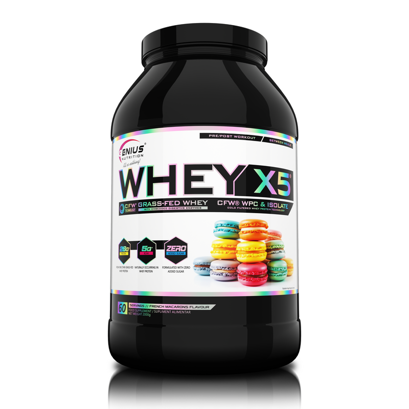 Load image into Gallery viewer, WHEY-X5® 2000g/60serv Genius Nutrition French Macarons - Protein blend of whey concentrate and isolate, ideal for lean muscle growth and recovery, enriched with digestive enzymes for enhanced absorption.