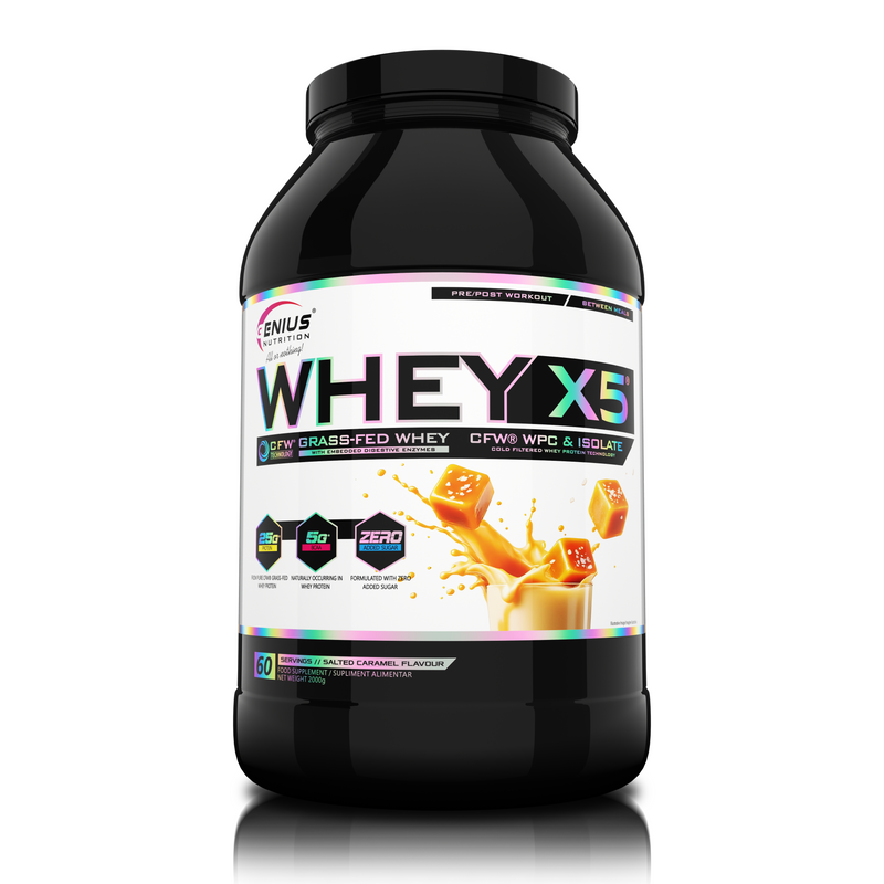 Load image into Gallery viewer, WHEY-X5® 2000g/60serv Genius Nutrition Salted Caramel - Protein blend of whey concentrate and isolate, ideal for lean muscle growth and recovery, enriched with digestive enzymes for enhanced absorption.