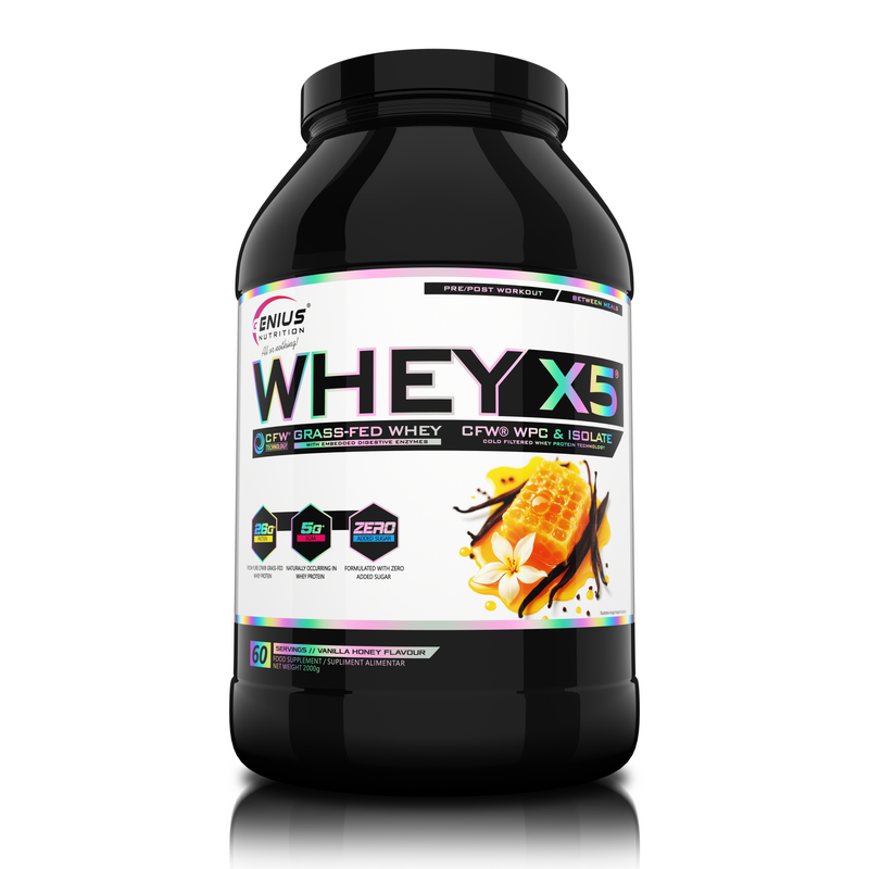 Load image into Gallery viewer, WHEY-X5® 2000g/60serv Genius Nutrition Vanilla-Honey - Protein blend of whey isolate and concentrate, ideal for lean muscle growth and recovery, enriched with digestive enzymes for enhanced absorption.