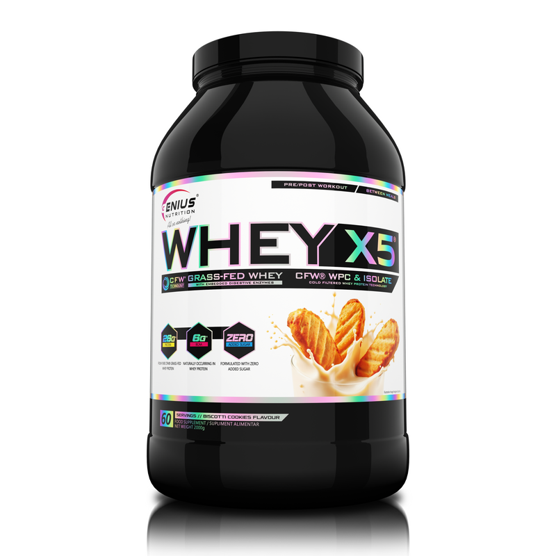 Load image into Gallery viewer, WHEY-X5® 2000g/61serv Genius Nutrition Biscotti Cookies - Protein blend of whey isolate and concentrate, ideal for lean muscle growth and recovery, enriched with digestive enzymes for enhanced absorption.