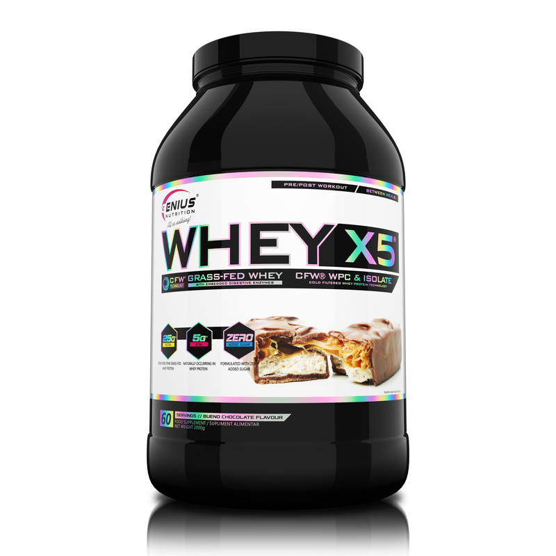 Load image into Gallery viewer, WHEY-X5® 2000g/61serv Genius Nutrition Bueno Chocolate - Protein blend of whey isolate and concentrate, ideal for lean muscle growth and recovery, enriched with digestive enzymes for enhanced absorption.