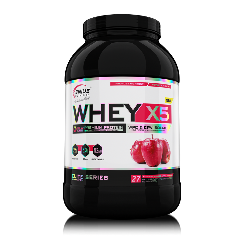 Load image into Gallery viewer, WHEY-X5® 900g/27serv Genius Nutrition Baked Apple - Protein blend of whey isolate and concentrate, ideal for lean muscle growth and recovery, enriched with digestive enzymes for enhanced absorption.