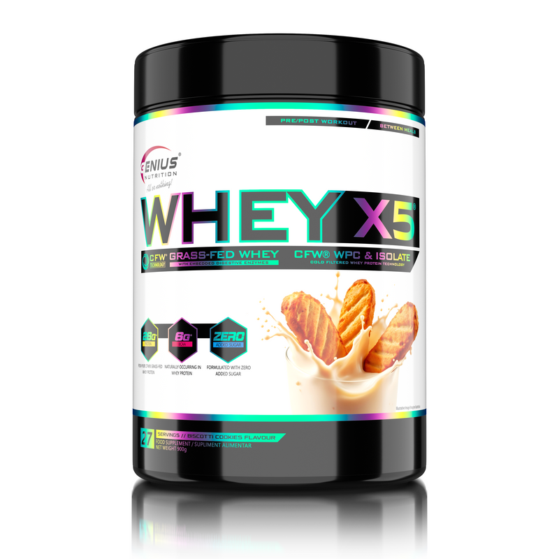 Load image into Gallery viewer, WHEY-X5® 900g/27serv Genius Nutrition Biscotti Cookies - Protein blend of whey concentrate and isolate, ideal for lean muscle growth and recovery, enriched with digestive enzymes for enhanced absorption.