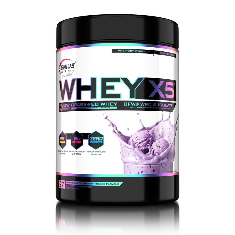 Load image into Gallery viewer, WHEY-X5® 900g/27serv Genius Nutrition Blueberry Freeze - Protein blend of whey concentrate and isolate , ideal for lean muscle growth and recovery, enriched with digestive enzymes for enhanced absorption.