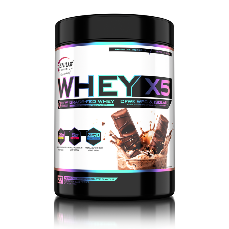 Load image into Gallery viewer, WHEY-X5® 900g/27serv Genius Nutrition Bueno Chocolate - Protein blend of whey concentrate and isolate , ideal for lean muscle growth and recovery, enriched with digestive enzymes for enhanced absorption.