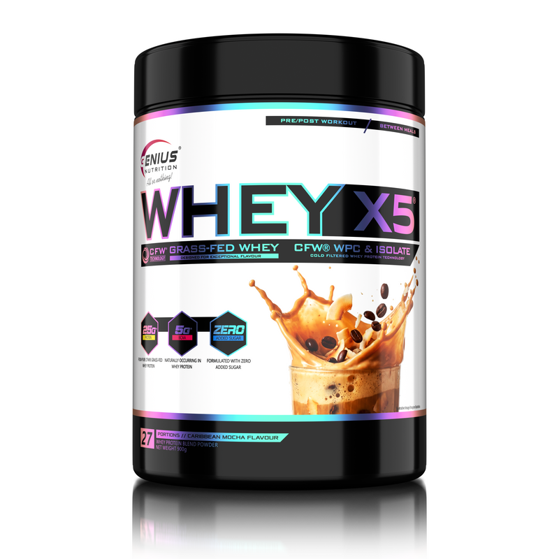 Load image into Gallery viewer, WHEY-X5® 900g/27serv Genius Nutrition Caribbean Mocha - Protein blend of whey concentrate and isolate , ideal for lean muscle growth and recovery, enriched with digestive enzymes for enhanced absorption.