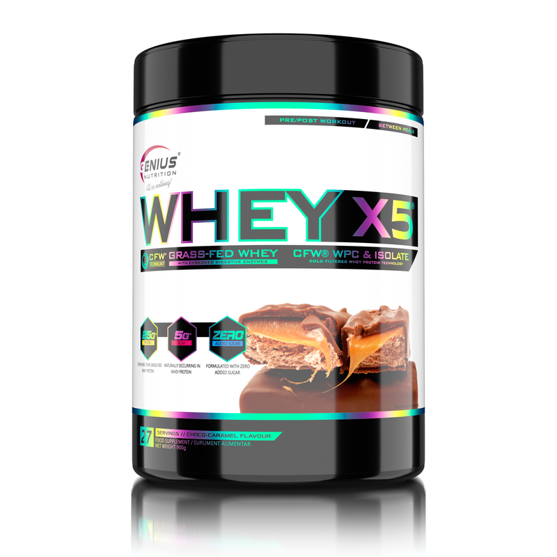 Load image into Gallery viewer, WHEY-X5® 900g/27serv Genius Nutrition Choco-Caramel - Protein blend of whey isolate and concentrate, ideal for lean muscle growth and recovery, enriched with digestive enzymes for enhanced absorption.