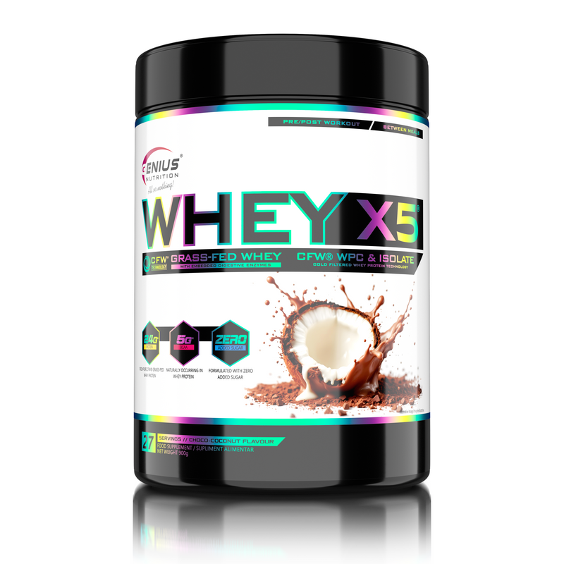 Load image into Gallery viewer, WHEY-X5® 900g/27serv Genius Nutrition Choco-Coconut - Protein blend of whey concentrate and isolate , ideal for lean muscle growth and recovery, enriched with digestive enzymes for enhanced absorption.
