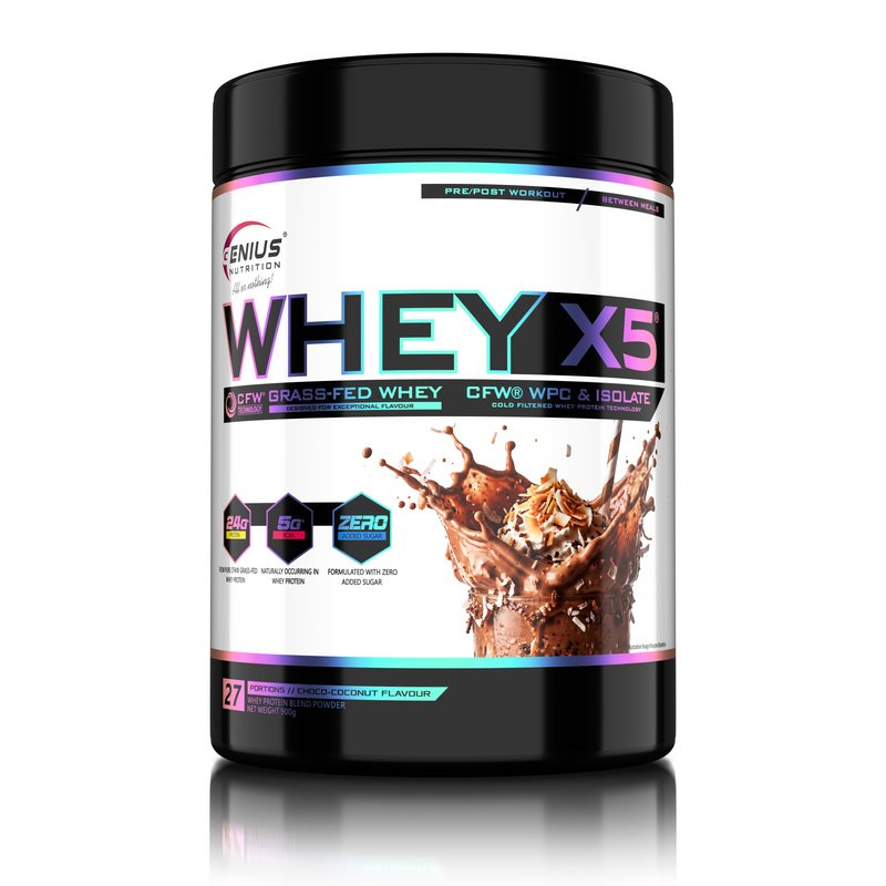 Load image into Gallery viewer, WHEY-X5® 900g/27serv Genius Nutrition Choco-Coconut - Protein blend of whey concentrate and isolate , ideal for lean muscle growth and recovery, enriched with digestive enzymes for enhanced absorption.