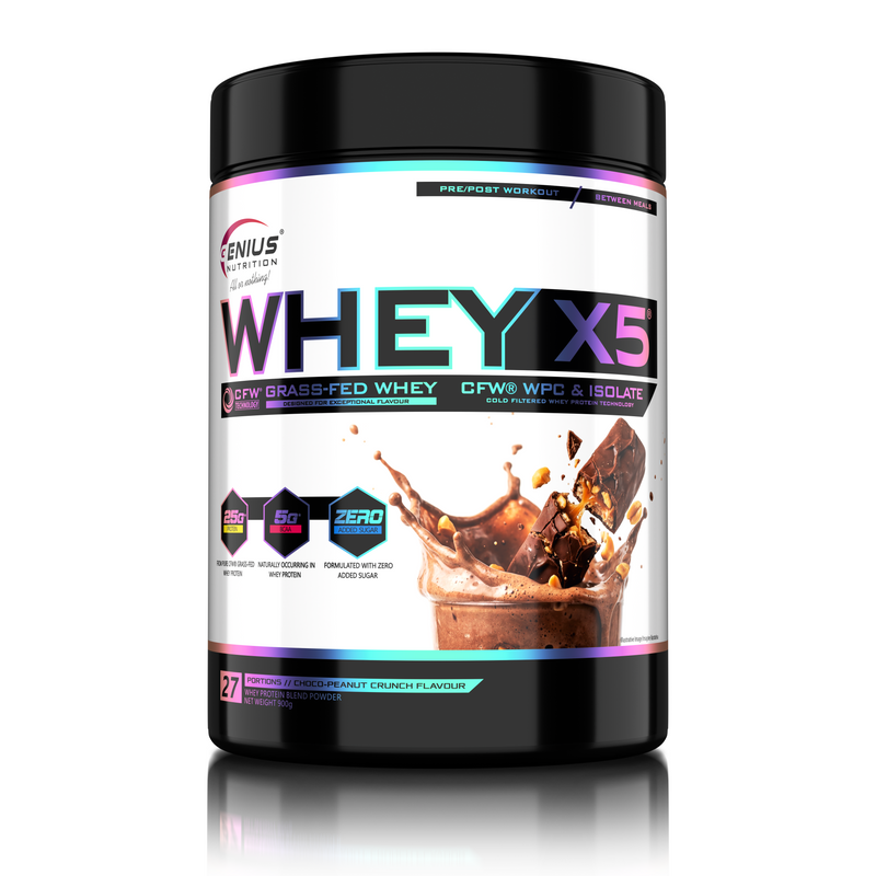 Load image into Gallery viewer, WHEY-X5® 900g/27serv Genius Nutrition Choco-Peanut - Protein blend of whey concentrate and isolate , ideal for lean muscle growth and recovery, enriched with digestive enzymes for enhanced absorption.