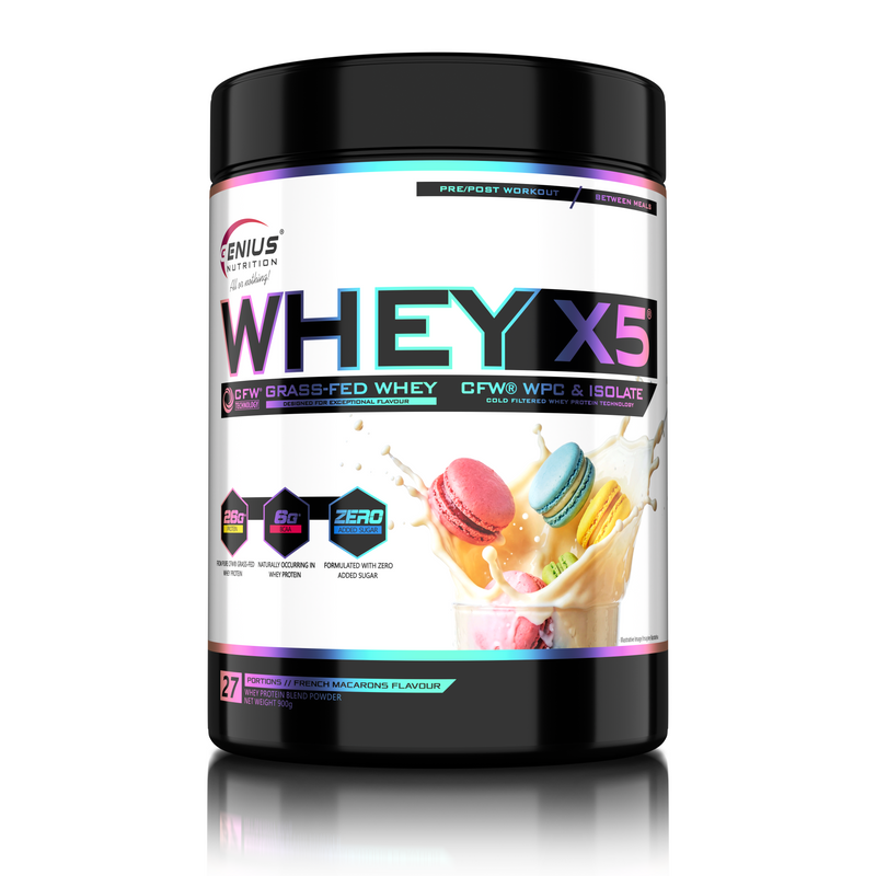 Load image into Gallery viewer, WHEY-X5® 900g/27serv Genius Nutrition French Macarons - Protein blend of whey isolate and concentrate, ideal for lean muscle growth and recovery, enriched with digestive enzymes for enhanced absorption.