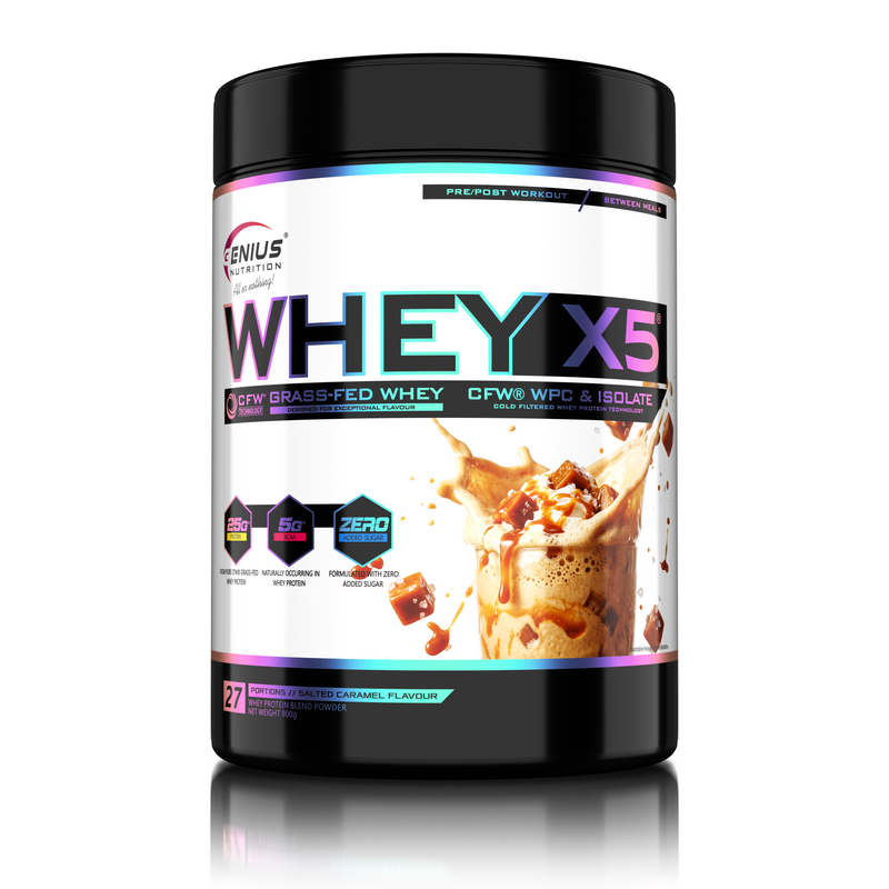 Load image into Gallery viewer, WHEY-X5® 900g/27serv Genius Nutrition Salted Caramel - Protein blend of whey isolate and concentrate, ideal for lean muscle growth and recovery, enriched with digestive enzymes for enhanced absorption.