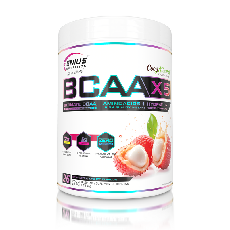 Load image into Gallery viewer, BCAA-X5 360g 30serv Genius Nutrition Lychee Dreams - Food supplement for muscle recovery and hydration with amino acids, citrulline malate and electrolytes.