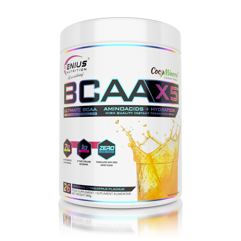 Load image into Gallery viewer, BCAA-X5 360g 26serv Genius Nutrition Pineapple - Food supplement for muscle recovery and hydration with amino acids, citrulline malate and electrolytes.