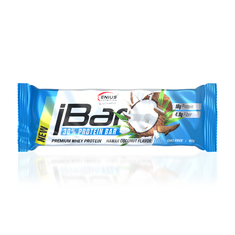 Load image into Gallery viewer, iBar 60g Genius Nutrition Hawaii Coconut - GMO free protein bar for muscle growth and recovery.