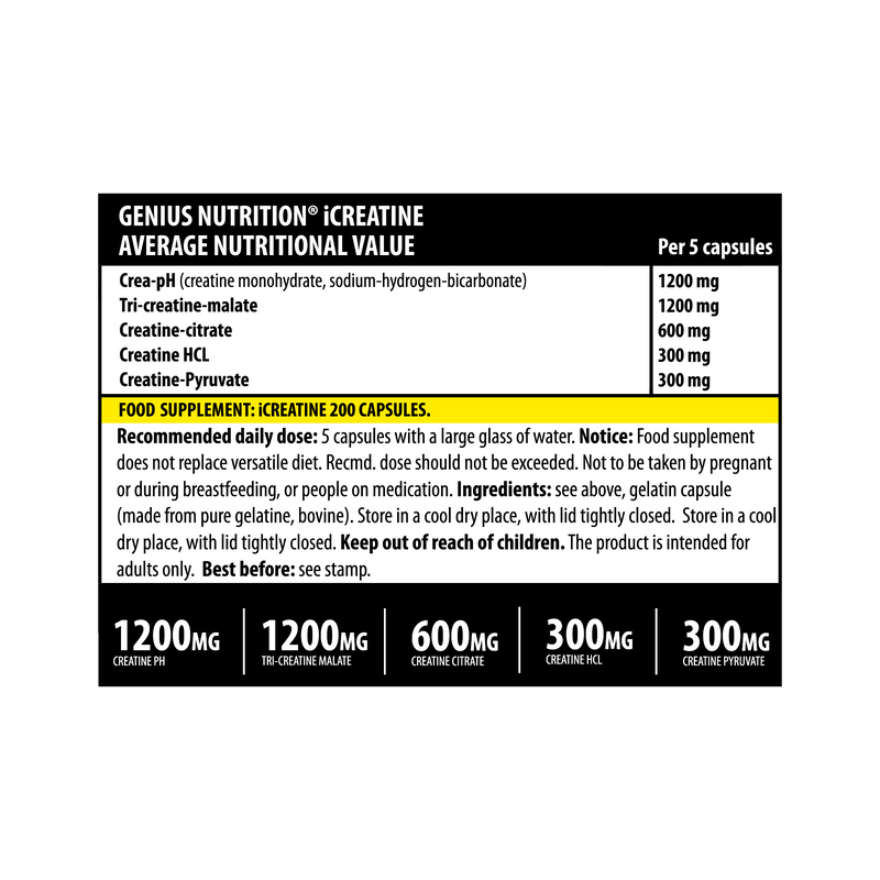 Load image into Gallery viewer, iCREATINE 200caps 40serv Genius Nutrition – Supplement with 5 different kinds of creatine designed to stimulate ATP production muscle growth and physical endurance.