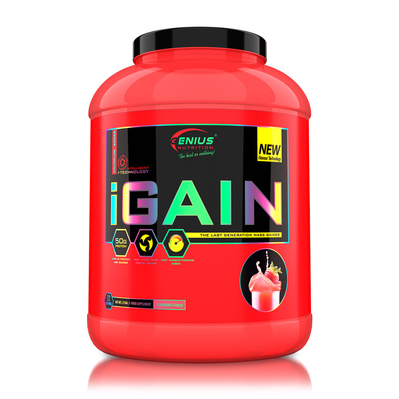 Load image into Gallery viewer, iGAIN 2750g 22serv Genius Nutrition Strawberry - High calorie gainer supplement with hydrolyzed whey protein (WPH) and fast-absorbing carbs for muscle recovery and growth.