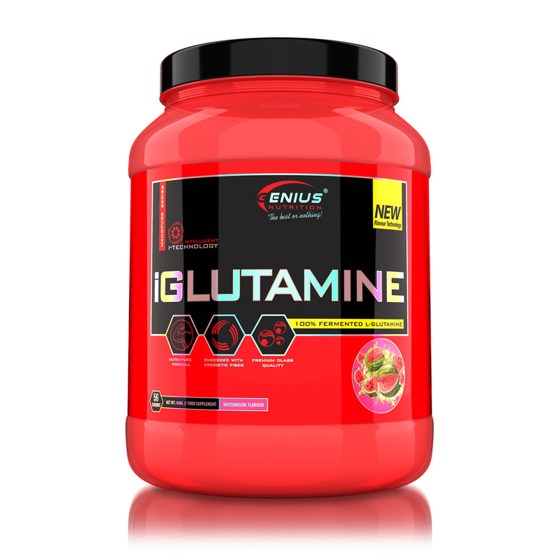 Load image into Gallery viewer, iGLUTAMINE 450g 55serv Genius Nutrition Watermelon - Glutamine supplement for gut health, immunity and muscle recovery after intense workouts with added inulin.