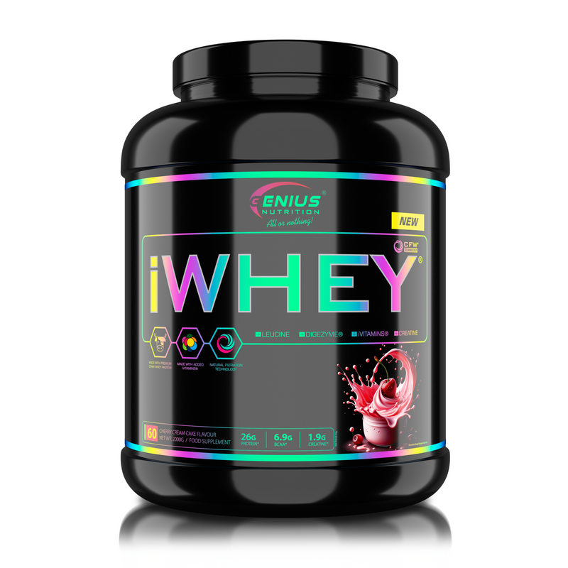 Load image into Gallery viewer, iWHEY 2000g 60serv Genius Nutrition Cherry Cream Cake - Whey protein concentrate (WPC) with added DigeZyme®, essential vitamins, minerals and creatine designed to aid in recovery and promote lean muscle growth.