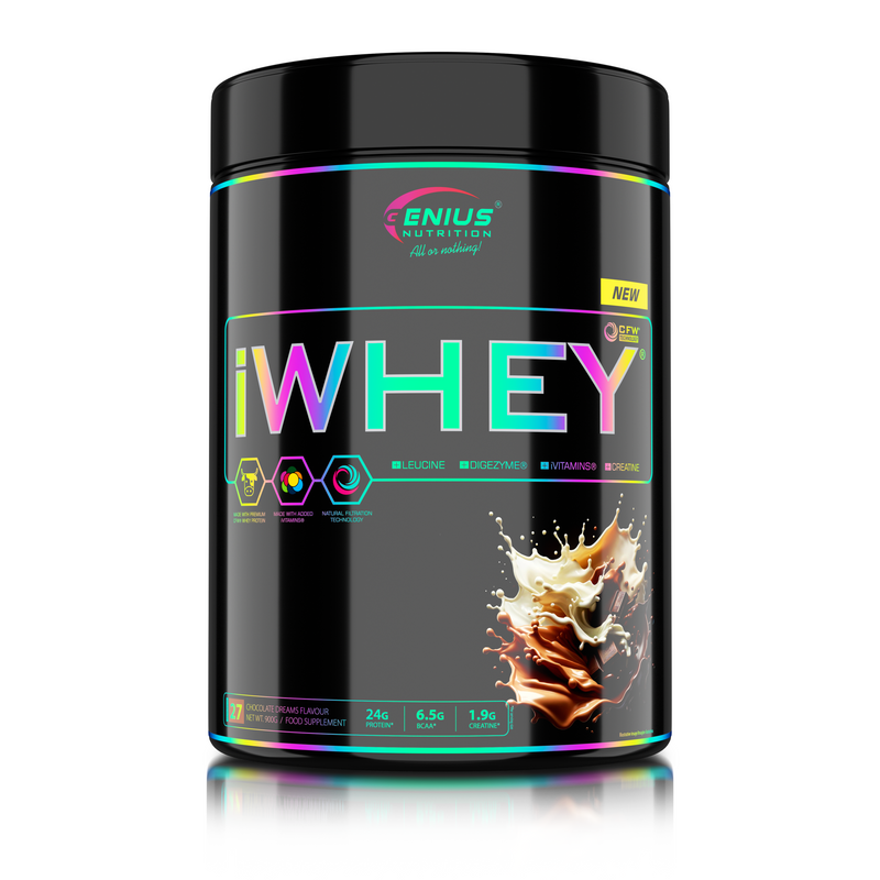Load image into Gallery viewer, iWHEY 900g 27serv Genius Nutrition Chocolate Dreams - Whey protein concentrate (WPC) with added DigeZyme®, essential vitamins, minerals and creatine designed to aid in recovery and promote lean muscle growth.