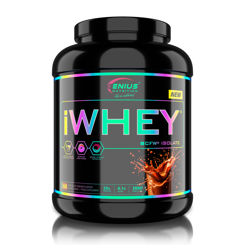 Load image into Gallery viewer, iWHEY ISOLATE 2000g 60serv Genius Nutrition Chocolate Dreams - Whey protein isolate (WPI) with no added sugar for recovery and lean muscle growth obtained through CFW® filtration.