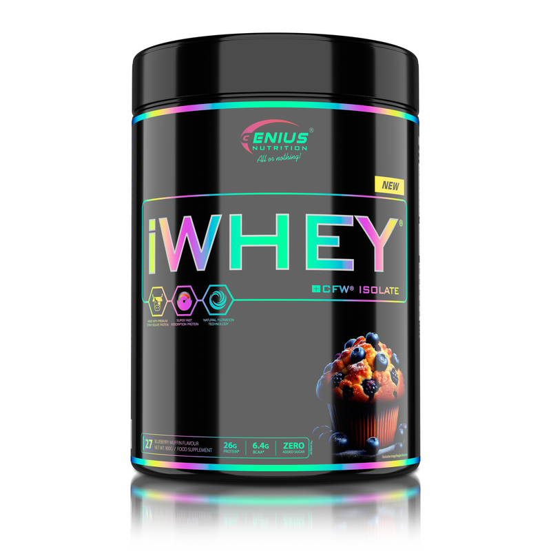Load image into Gallery viewer, iWHEY ISOLATE 900g 27serv Genius Nutrition Blueberry Muffin - Whey protein isolate (WPI) with no added sugar ideal for recovery and lean muscle growth obtained through CFW® filtration.