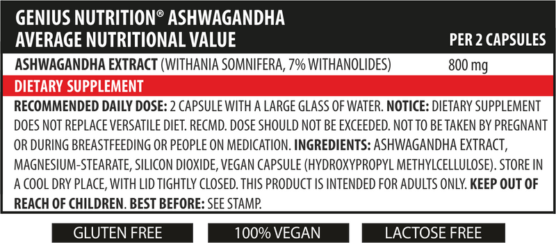 Load image into Gallery viewer, ASHWAGANDHA 90caps 45serv Genius Nutrition – Adaptogen supplement for hormonal balance designed to help the body manage daily stress (cortisol).