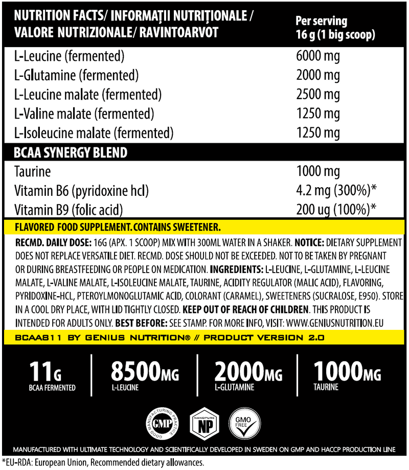 Load image into Gallery viewer, BCAA-811 400g 25serv Genius Nutrition - Muscle recovery supplement with branched-chain amino acids, enriched with glutamine and taurine.