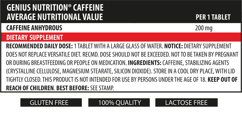 Load image into Gallery viewer, CAFFEINE 90tabs 200mg 90serv Genius Nutrition – Rapid acting caffeine supplement for energy and focus.