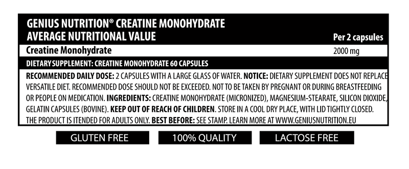 Load image into Gallery viewer, CREATINE 60mega-caps 30serv 1000mg Genius Nutrition - Supplement for ATP production, muscle mass increase and improved physical endurance.