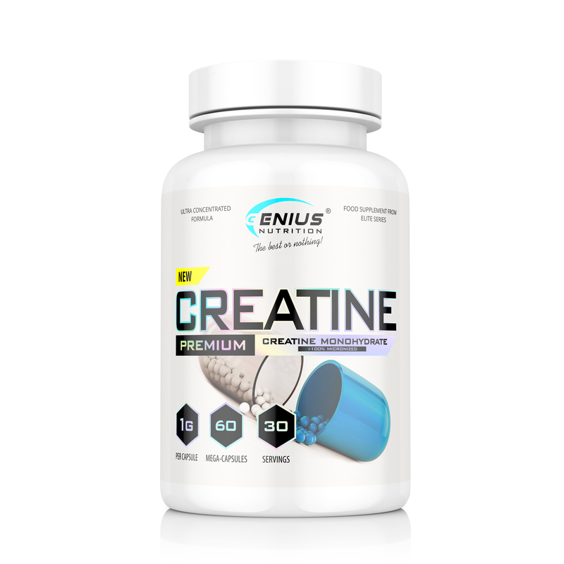 Load image into Gallery viewer, CREATINE 60mega-caps 30serv 1000mg Genius Nutrition - Supplement for ATP production, muscle mass increase and improved physical endurance.