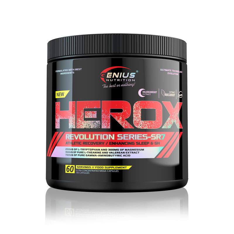 Load image into Gallery viewer, HEROX 180megacaps 60serv Genius Nutrition – Natural sleep supplement with herbs to reduce muscle tension and promote relaxation.