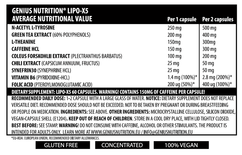 Load image into Gallery viewer, LIPO-X5 60caps 60serv Genius Nutrition - Thermogenic fat burner supplement that boosts metabolism, increases energy, focus levels and helps the body to burn more adipose cells at a higher rate.