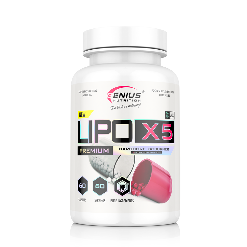 Load image into Gallery viewer, LIPO-X5 60caps 60serv Genius Nutrition - Thermogenic fat burner supplement that boosts metabolism, increases energy, focus levels and helps the body to burn more adipose cells at a higher rate.