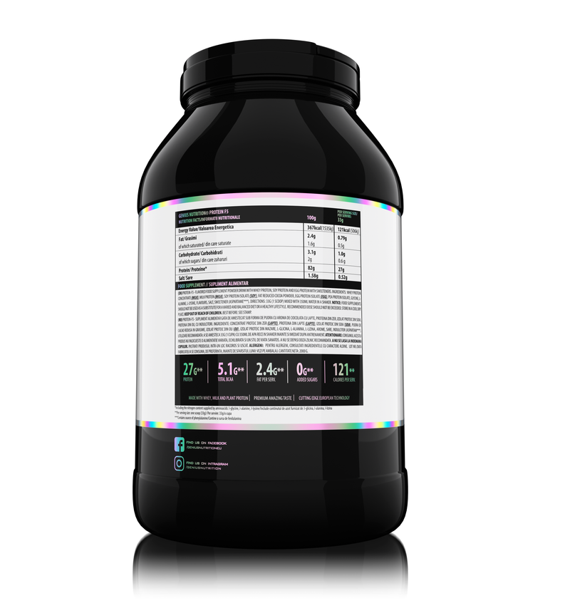 Load image into Gallery viewer, PROTEIN-F5 2000g 61serv Genius Nutrition Milky Chocolate - Protein supplement with a blend of five proteins: whey concentrate, milk, soy, egg, and pea, designed for recovery and muscle growth.