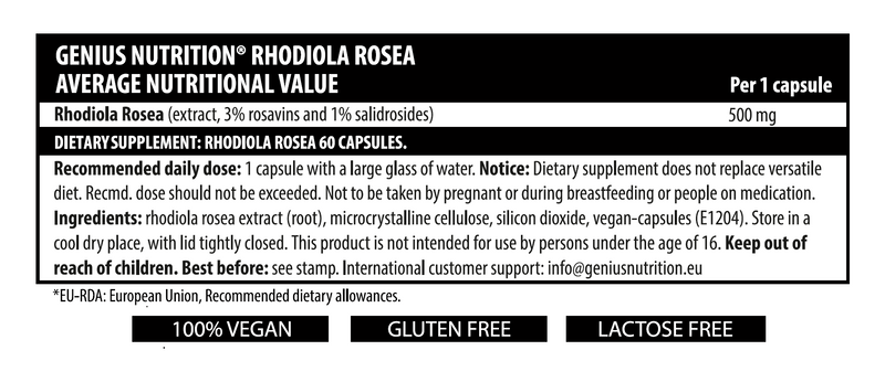 Load image into Gallery viewer, RHODIOLA ROSEA 60caps 60serv Genius Nutrition - Natural adaptogen supplement known for its ability to reduce stress, improve physical and mental endurance and support optimal nervous system function.