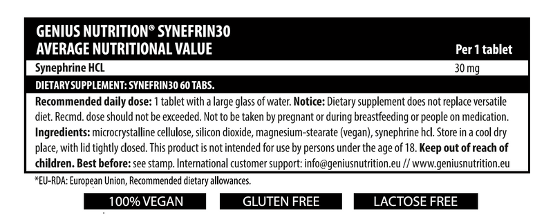 Load image into Gallery viewer, SYNEFRIN30 60tabs 60serv Genius Nutrition - Natural thermogenic supplement derived from bitter orange aimed at promoting fat loss, boosting metabolism, reducing excess water retention and curbing appetite.