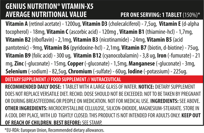 Load image into Gallery viewer, VITAMIN-X5 120tabs 120serv Genius Nutrition - Vitamin and mineral complex that enhances immunity, energy, bone health, skin, and cardiovascular health providing comprehensive support for overall well-being.