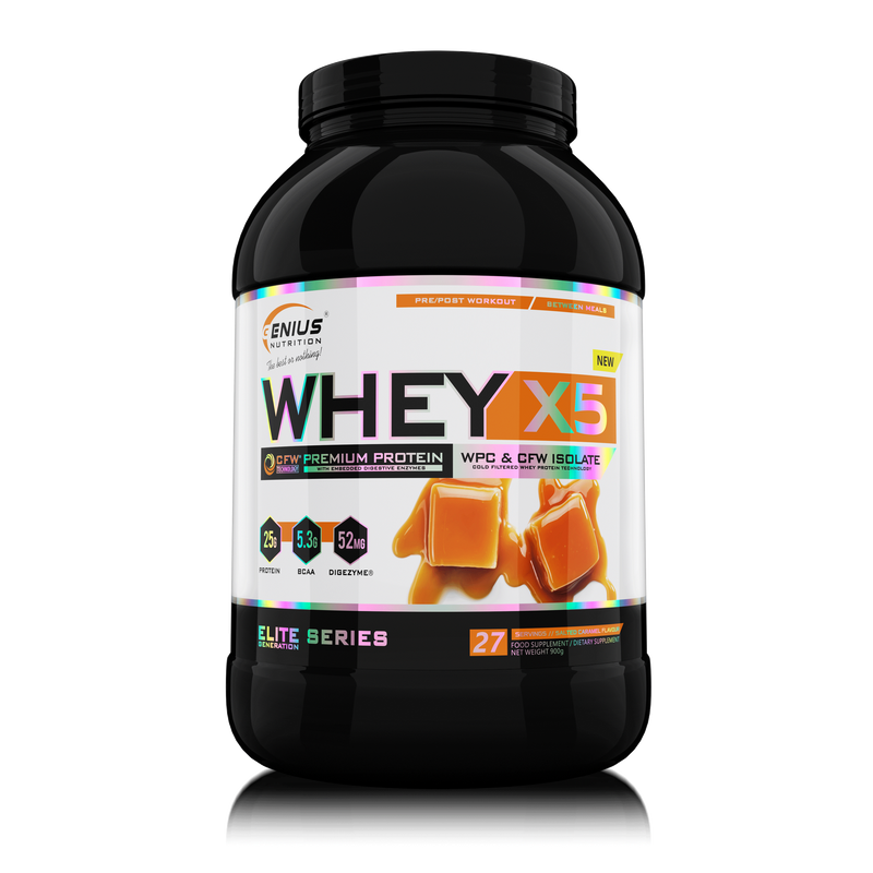 Load image into Gallery viewer, WHEY-X5® 900g/27serv Genius Nutrition Salted Caramel - Protein blend of whey isolate and concentrate, ideal for lean muscle growth and recovery, enriched with digestive enzymes for enhanced absorption.