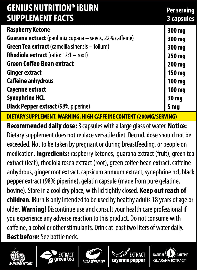 Load image into Gallery viewer, iBURN 90caps 30serv Genius Nutrition - Supplement for fat burning, metabolism acceleration and energy boost with increased absorption (98% piperine).