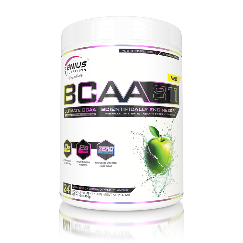 Load image into Gallery viewer, BCAA-811 400g 24serv Genius Nutrition Green Apple - Muscle recovery food supplement with branched-chain amino acids, enriched with glutamine and taurine.
