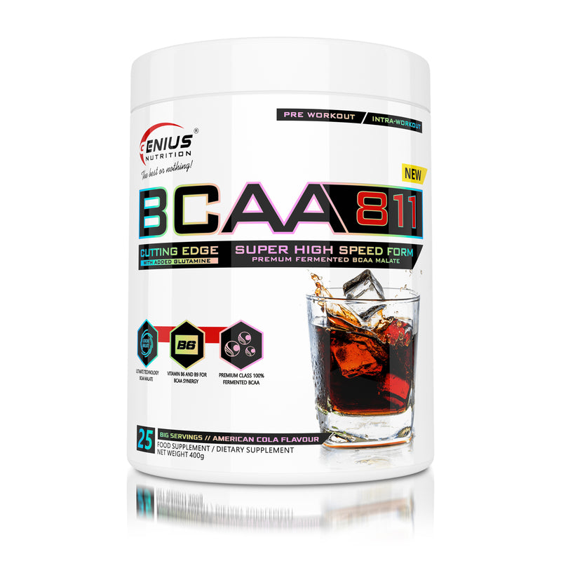 Load image into Gallery viewer, BCAA-811 400g 25serv Genius Nutrition American Cola - Muscle recovery supplement with branched-chain amino acids, enriched with glutamine and taurine.
