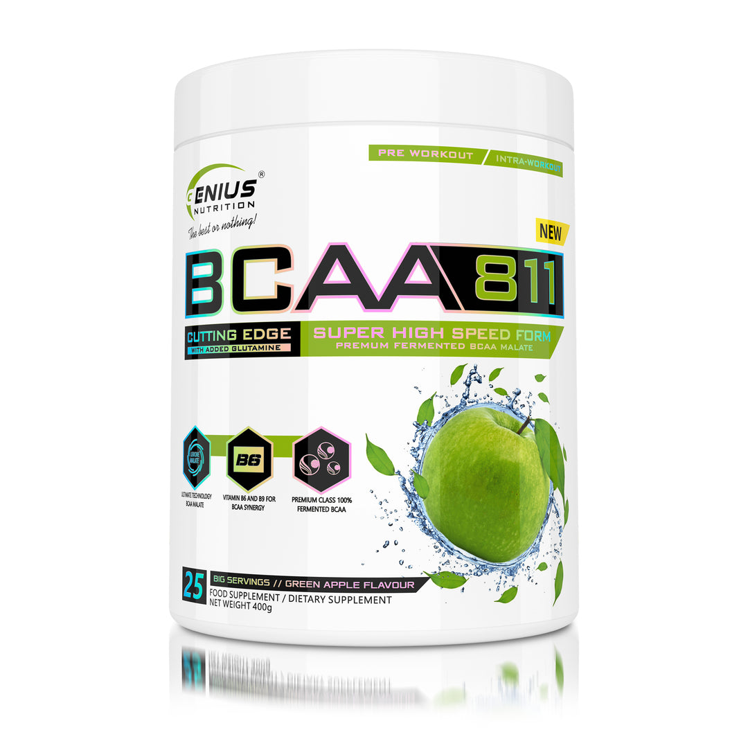 BCAA-811 400g 25serv Genius Nutrition Green Apple - Muscle recovery supplement with branched-chain amino acids, enriched with glutamine and taurine.