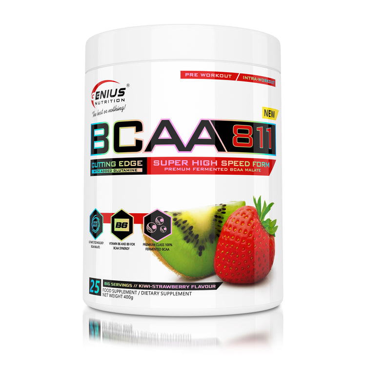 BCAA-811 400g 25serv Genius Nutrition Kiwi Strawberry - Muscle recovery supplement with branched-chain amino acids, enriched with glutamine and taurine.